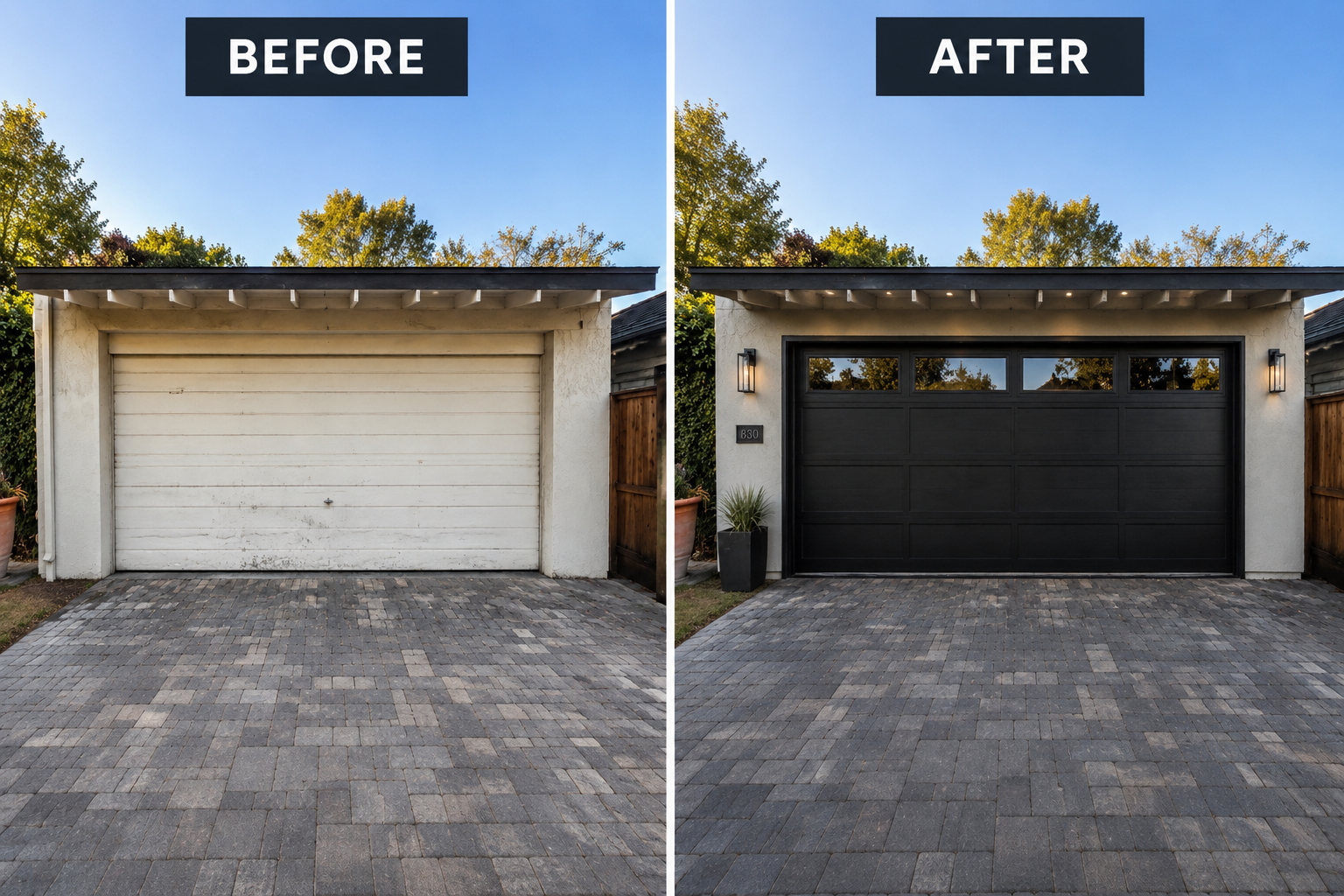 Before and after emergency spring and cable replacement on an Old Town Pittsburg garage door